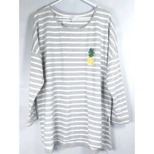Crown & Ivy Gray Striped Tunic Top Sequin Pineapple Graphic Womens 2X